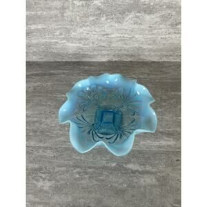 Northwood Blue Opalescent Ruffled Candy Dish‎ Shell Design Square Pedestal Base